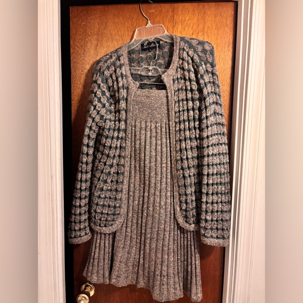 Vintage Textured Gray and Beige Cardigan Sweater Set size 12/13